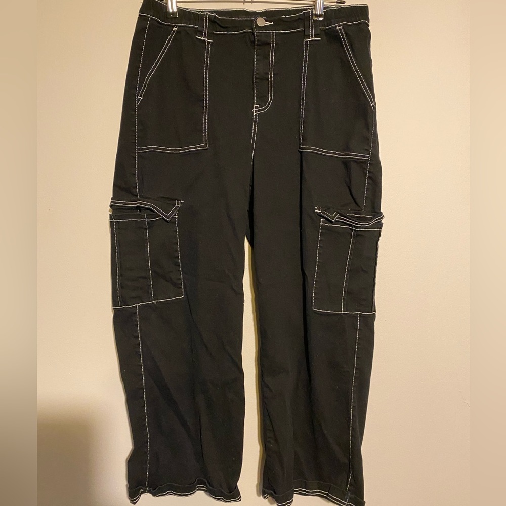 Rue 21 black cargo jeans with white trim.